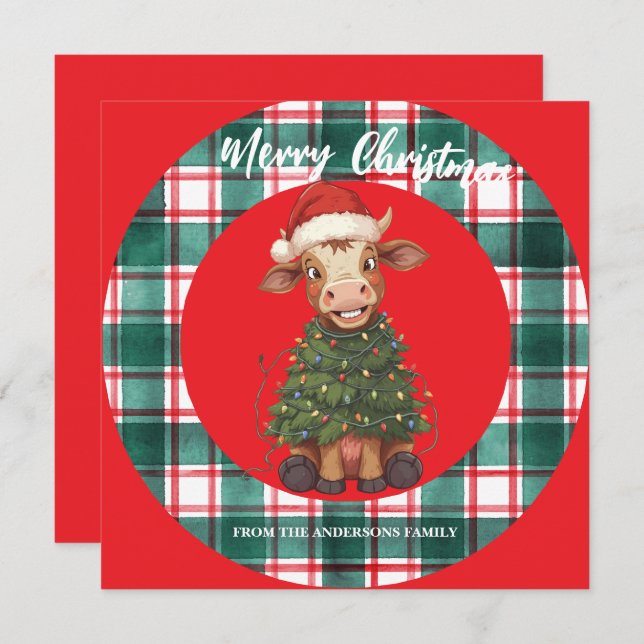 Cartes Pour Fêtes Annuelles Cute merry Cow Christmas tree calf ox Xmas plaid (Devant / Derrière)