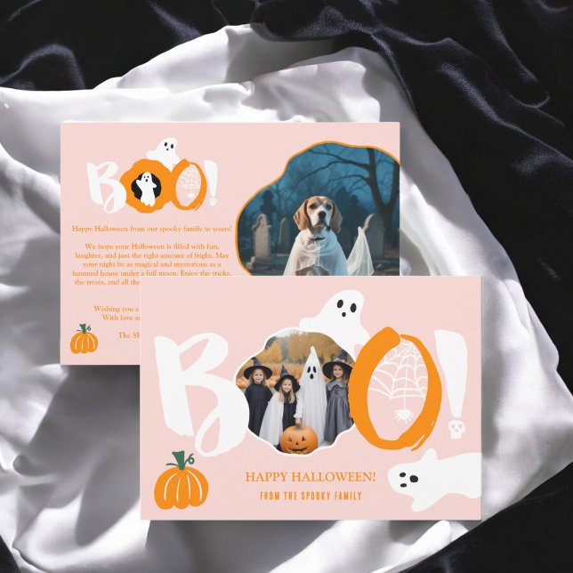 Cartes Pour Fêtes Annuelles Cute Modern rose Boo fantômes 2 photos Halloween (Cute Modern pink Boo ghosts 2 photos Halloween Holiday Card)