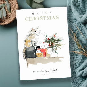 Cartes Pour Fêtes Annuelles Cute moderne aquarelle Meowy Cadeaux de Noël Chat