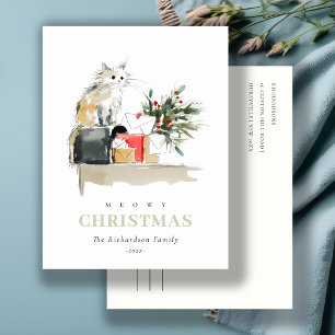 Cartes Pour Fêtes Annuelles Cute moderne aquarelle Meowy Noël Cadeau Chat