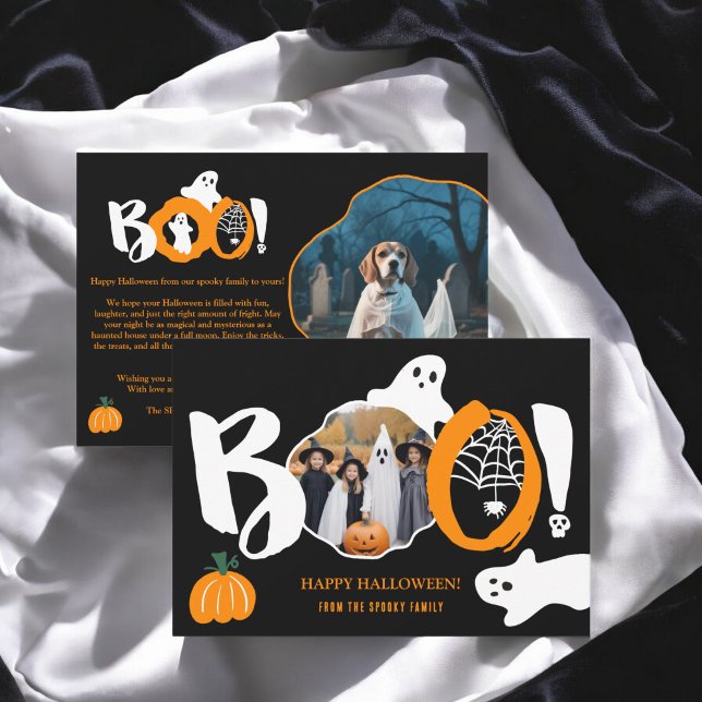 Cartes Pour Fêtes Annuelles Cute Moderne branché Boo fantômes 2 photos Hallowe (Cute Modern trendy Boo ghosts 2 photos Halloween Holiday Card)