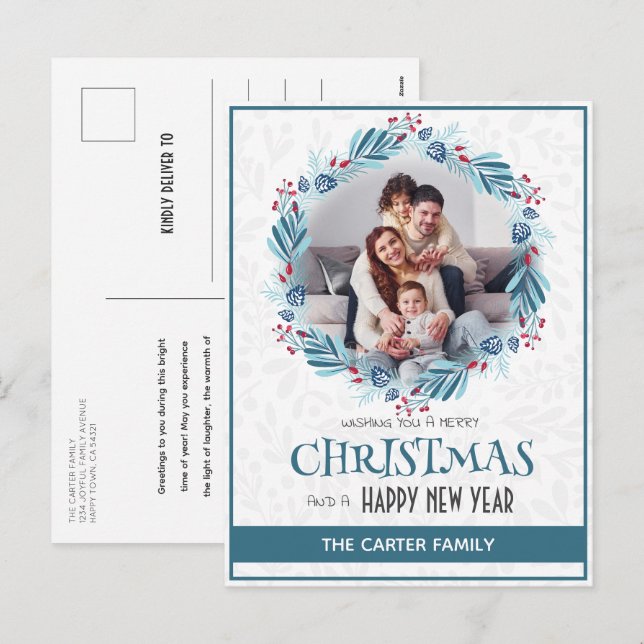 Cartes Pour Fêtes Annuelles Cute Moderne Mistletoe Bleu Feu de Noël Photo (Devant / Derrière)