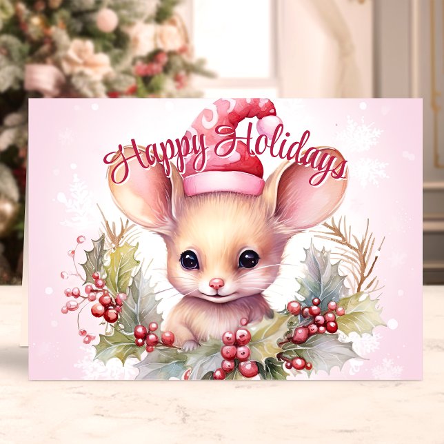 Cartes Pour Fêtes Annuelles Cute Mouse et Holly Happy Holidays (Créateur téléchargé)