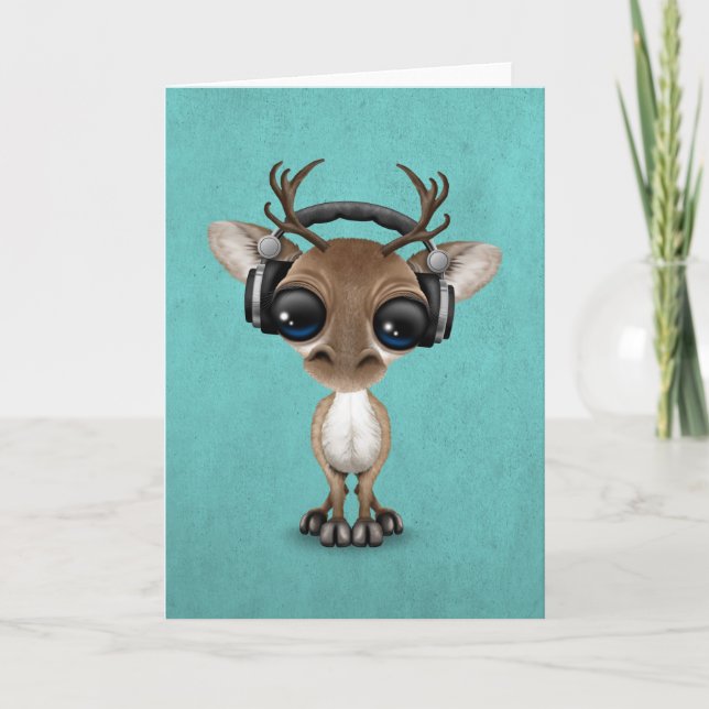 Cartes Pour Fêtes Annuelles Cute Musical Reindeer Dj Portant Un Casque Bleu (Devant)