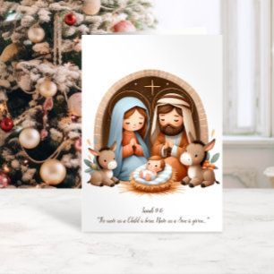 Cartes Pour Fêtes Annuelles Cute Nativité Scène Isaïe 9:6 Bible Verse