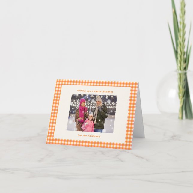 Cartes Pour Fêtes Annuelles Cute Orange Gingham Plaid Photo Christmas Folded (Devant)