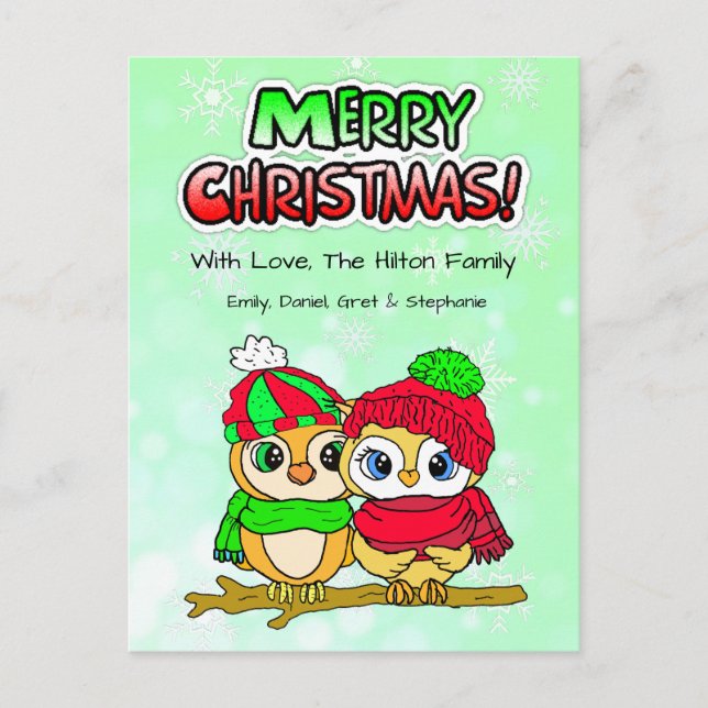 Cartes Pour Fêtes Annuelles Cute Owl Couple bouddin sur la Branche Noël (Devant)