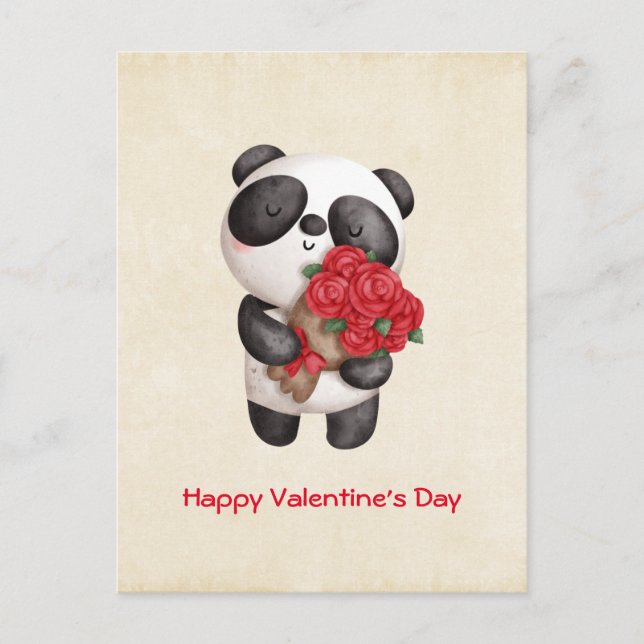 Cartes Pour Fêtes Annuelles Cute Panda Bear avec Rose Bouquet Saint Valentin (Devant)