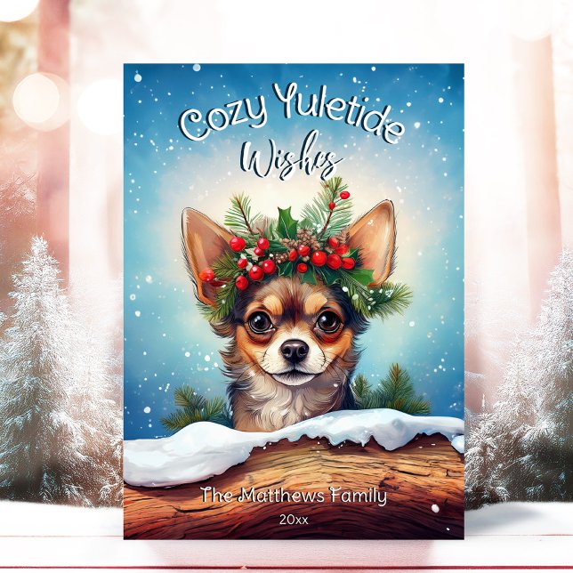 Cartes Pour Fêtes Annuelles Cute Peeking Chihuahua Cosy Wreath Pin Wreath (Adorable Winter Snowy Scene With Peeking Dogs or Farm/Woodland Animals - Over 50 to Choose From!)