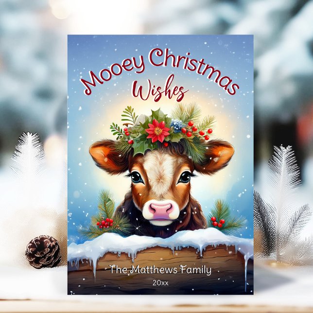 Cartes Pour Fêtes Annuelles Cute Peeking Jersey Cow Moey Noël Snowy (Adorable Winter Snowy Scene With Peeking Dogs or Farm/Woodland Animals - Over 50 to Choose From!)