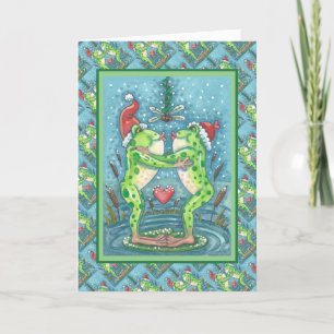 CARTES POUR FÊTES ANNUELLES CUTE PÈRE NOËL FROGS KISSING SOUS DRAGONFLY MISTLE