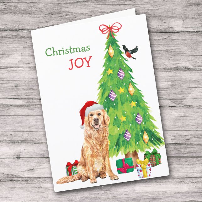 Cartes Pour Fêtes Annuelles Cute Père Noël Golden Retriever et sapin de Noël (Créateur téléchargé)