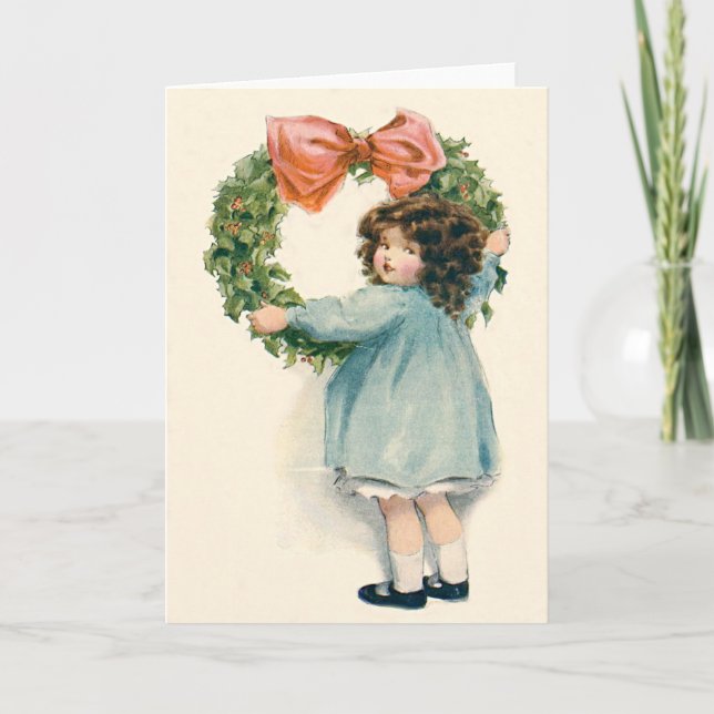 Cartes Pour Fêtes Annuelles Cute Petite Fille Holly Wreath Pink Bow (Devant)