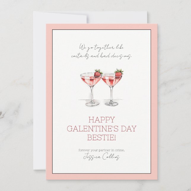 Cartes Pour Fêtes Annuelles Cute Pink Happy Galentine's Day Bestie Cocktails (Devant)