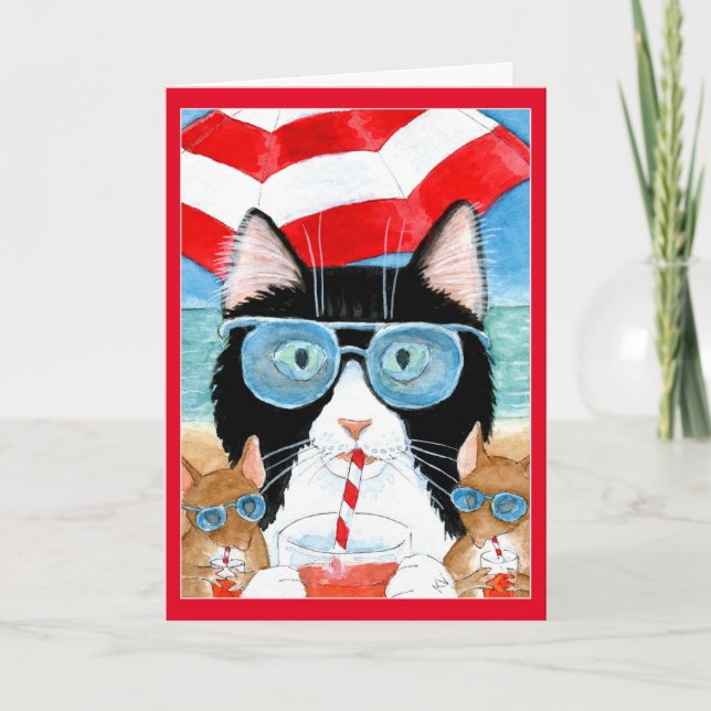 Cartes Pour Fêtes Annuelles Cute plage de chat tuxedo vacances (Devant)