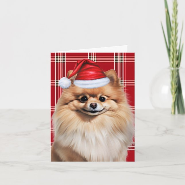 Cartes Pour Fêtes Annuelles Cute Pomeranian Santa Dog Red White Plaid (Devant)