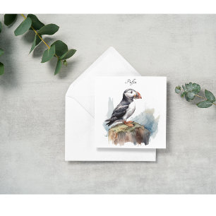 Cartes Pour Fêtes Annuelles Cute Puffin sur une roche aquarelle