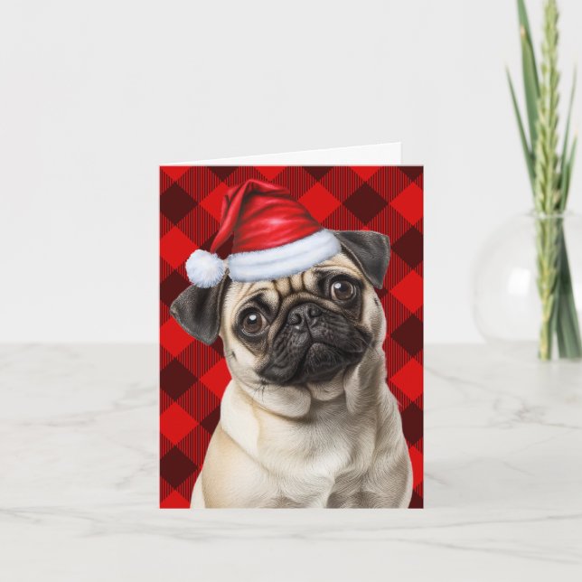 Cartes Pour Fêtes Annuelles Cute Pug Santa Dog Red Buffalo Plaid Christmas (Devant)