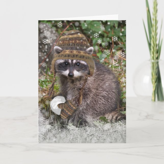 Cartes Pour Fêtes Annuelles Cute Raccoon avec mitaines et boule de neige (Devant)