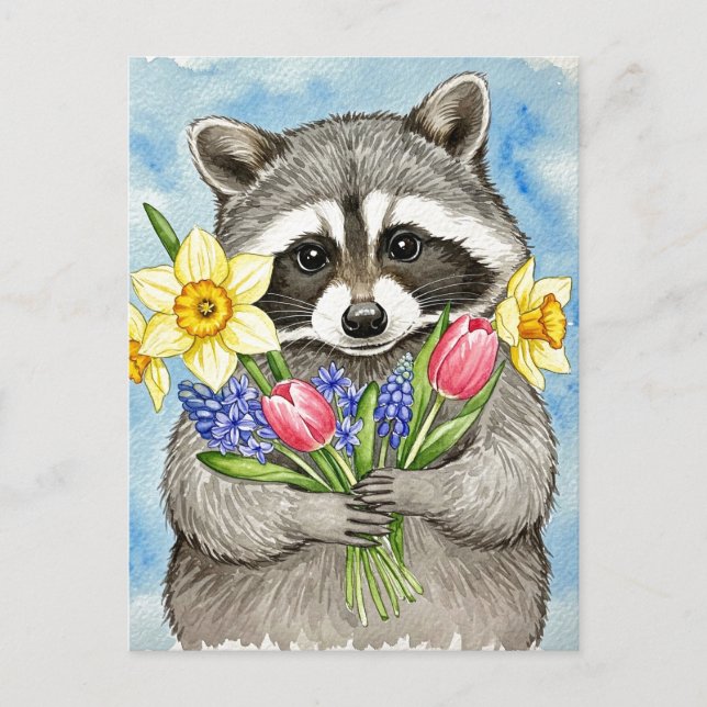 Cartes Pour Fêtes Annuelles Cute Raccoon with Spring Flowers Postcard (Devant)