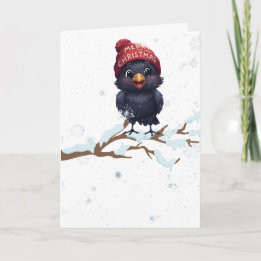 Cartes Pour Fêtes Annuelles Cute Raven in a Christmas Beanie