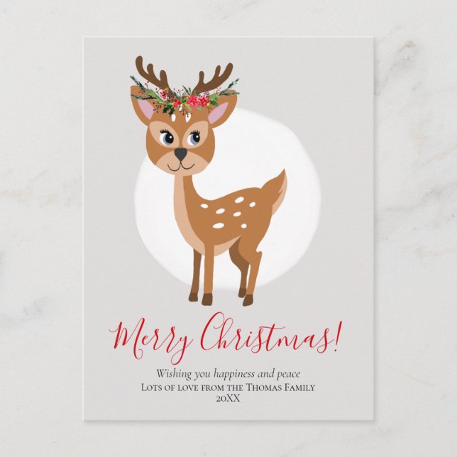 Cartes Pour Fêtes Annuelles Cute Reindeer Floral Noël Wreath Family (Devant)