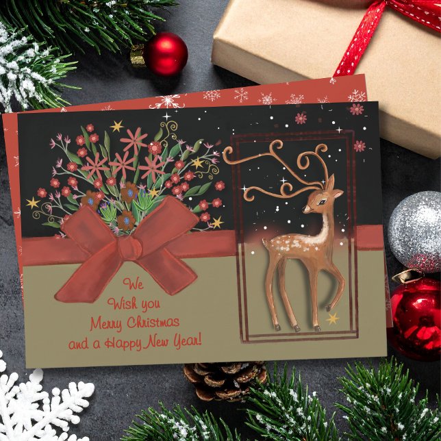 Cartes Pour Fêtes Annuelles Cute Reindeer Red Bow Noir & Or (Cute Reindeer Red Bow Black & Gold Holiday Card)