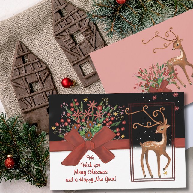 Cartes Pour Fêtes Annuelles Cute renne rouge Bow blanc rose retour (Cute Reindeer Red Bow White Pink Back Holiday Card)