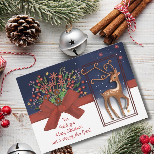 Cartes Pour Fêtes Annuelles Cute renne rouge Bow bleu et blanc (Cute Reindeer Red Bow Blue& White Holiday Card)