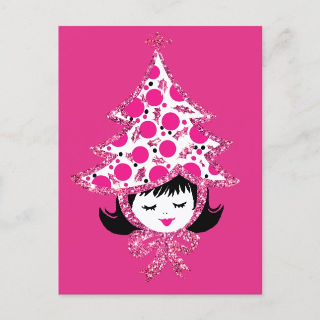Cartes Pour Fêtes Annuelles Cute Retro Pink Christmas Girl with Tree Hat (Devant)