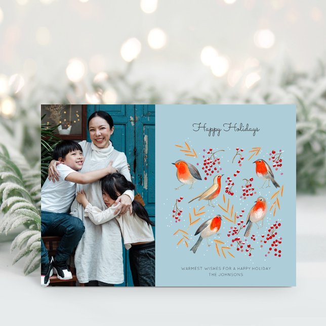 Cartes Pour Fêtes Annuelles Cute robin birds blue and red christmas holiday (Cute Bird Red Robin Blue Christmas Family Photo Holiday Card)