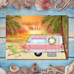 Cartes Pour Fêtes Annuelles Cute RV Camper Warmest Warmest Beach Noël<br><div class="desc">Cette carte de voeux de Noël de Noël de la plus grande chaleur présente un mignon Camper RV à la plage. Il est décoré de lumières, d'une couronne et de deux décorations de jardin de flamands roses de Père Noël. Le camping est entouré de palmiers aux lumières festives et en...</div>