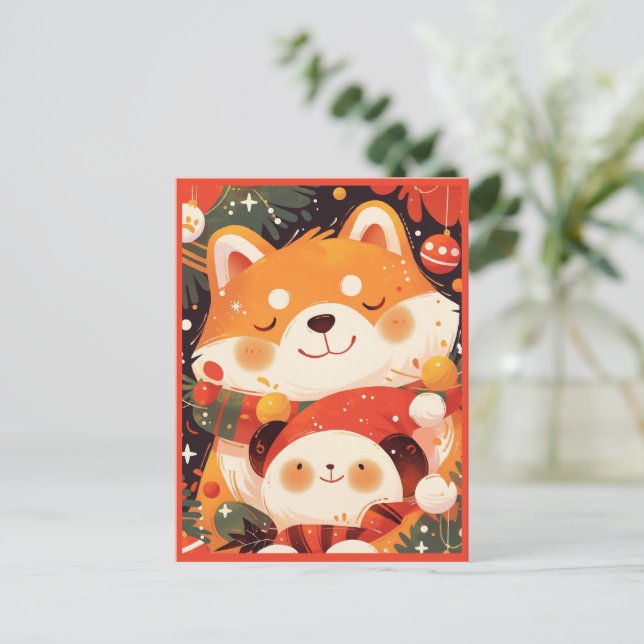 Cartes Pour Fêtes Annuelles Cute Shiba Inu Hugging Panda Plush (Debout devant)