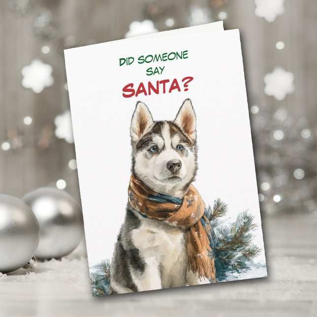 Cartes Pour Fêtes Annuelles Cute Siberian Husky Dog Looks for Santa (Créateur téléchargé)