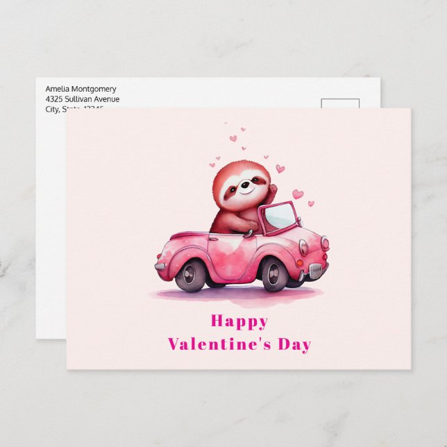 Cartes Pour Fêtes Annuelles Cute Sloth in a Pink Convertible Valentine's Day (Devant / Derrière)