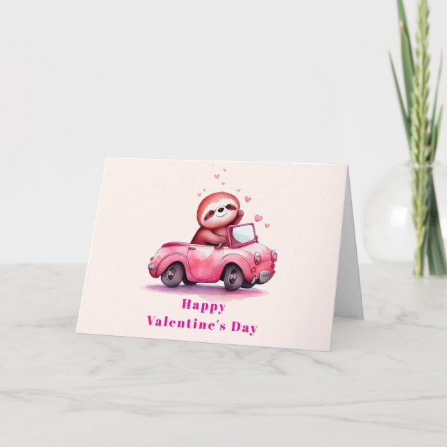 Cartes Pour Fêtes Annuelles Cute Sloth in a Pink Convertible Valentine's Day (Devant)