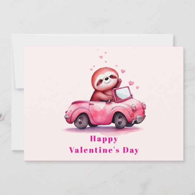 Cartes Pour Fêtes Annuelles Cute Sloth in a Pink Convertible Valentine's Day (Devant)