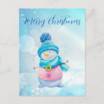 Cartes Pour Fêtes Annuelles Cute Snowman<br><div class="desc">Superbe bonhomme de neige en aquarelle avec foulard et casquette sur arrière - plan mousseux enneigé</div>