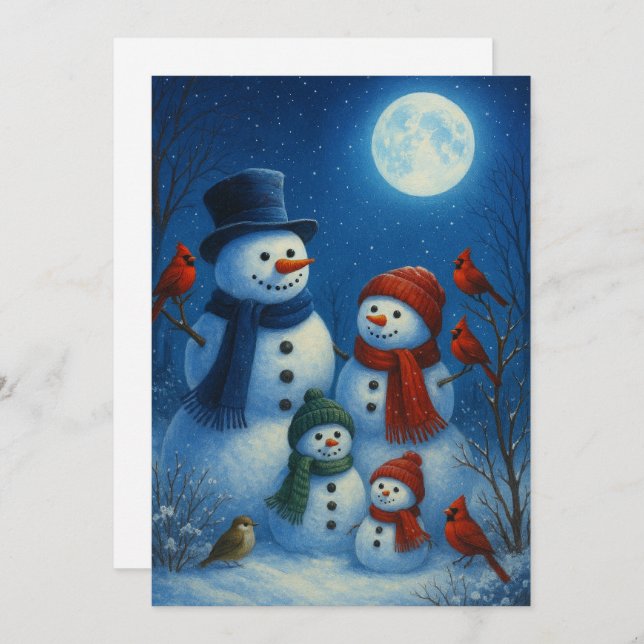 Cartes Pour Fêtes Annuelles Cute Snowman Family In Snowy Moonlit Night (Devant / Derrière)