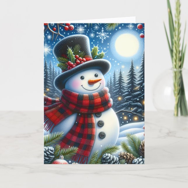 Cartes Pour Fêtes Annuelles Cute Snowman wearing Plaid Scarf and Top Hat (Devant)