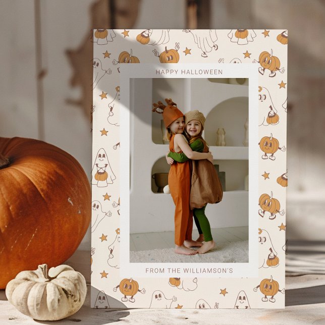 Cartes Pour Fêtes Annuelles Cute Super Retro Ghost Citrouille Halloween Photo (Créateur téléchargé)