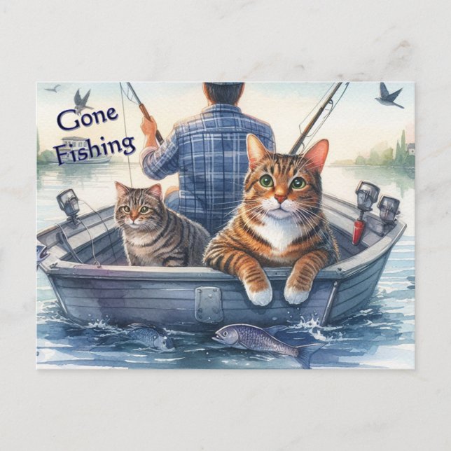 Cartes Pour Fêtes Annuelles Cute Tabby Chats est parti pêcher avec papa (Devant)