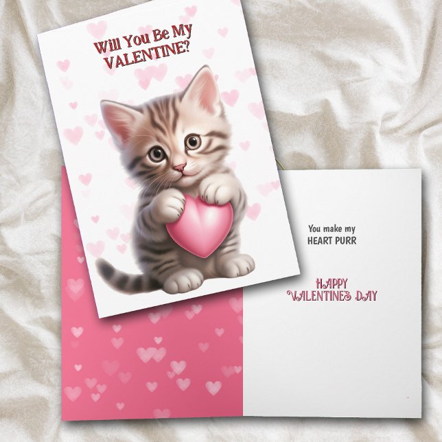 Cartes Pour Fêtes Annuelles Cute Tabby Kitten avec Coeur Rose Valentine (Créateur téléchargé)