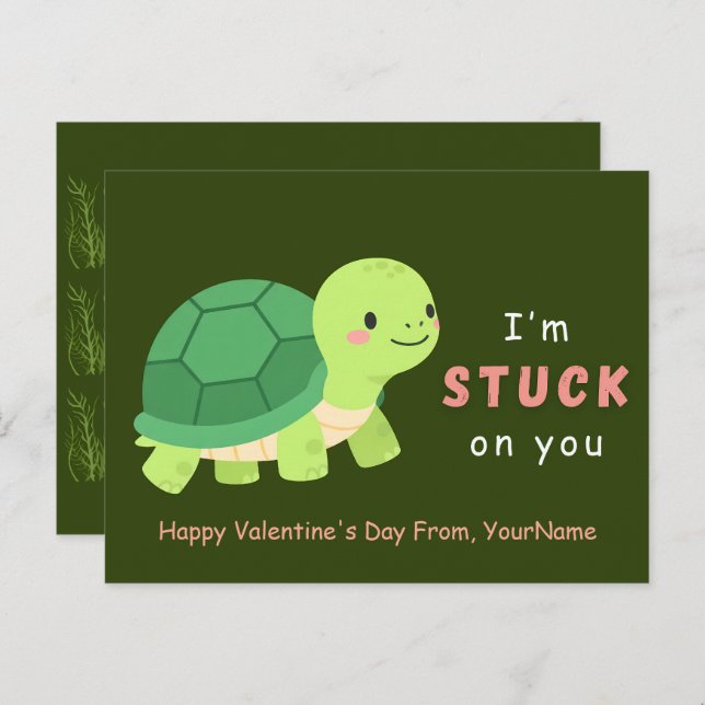 Cartes Pour Fêtes Annuelles Cute Turtle Valentine Pun Card – I’m Stuck on You (Devant / Derrière)