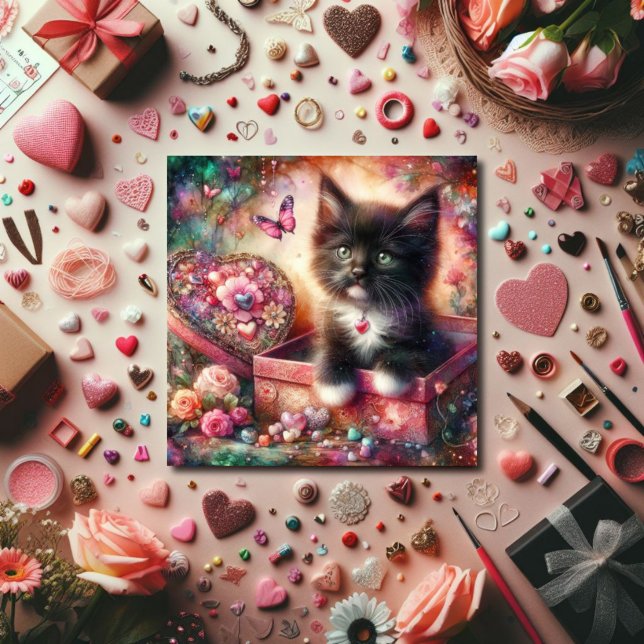 Cartes Pour Fêtes Annuelles Cute Tuxedo Kitten Fleurs Candy Coeurs Valentine (Créateur téléchargé)