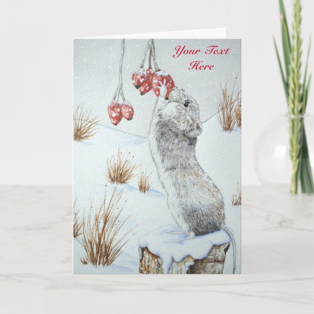 Cartes Pour Fêtes Annuelles Cute wild wood mouse red berries snow scene art (Devant)