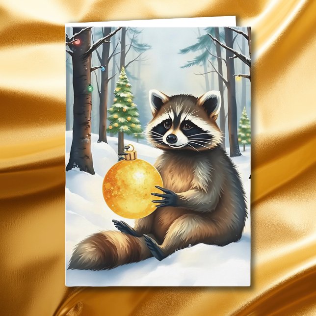 Cartes Pour Fêtes Annuelles Cute Winter Raccoon with Gold Ornament Christmas (Créateur téléchargé)