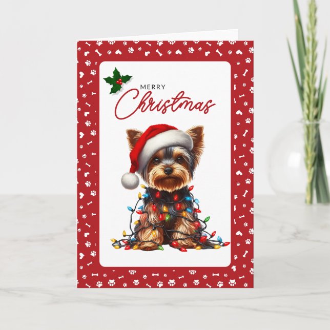 Cartes Pour Fêtes Annuelles Cute Yorkie Santa Hat & Christmas Lights Folded (Devant)