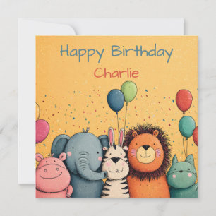 Cartes Pour Fêtes Annuelles Cute Zoo Animaux Party avec Ballons et Confetti