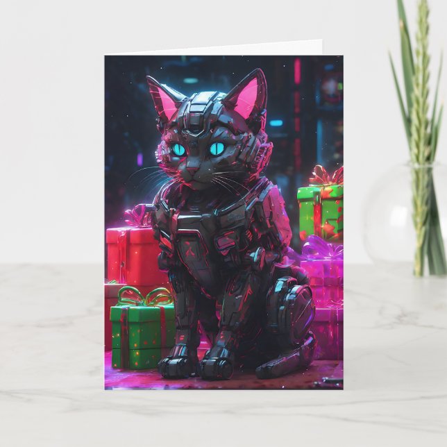 Cartes Pour Fêtes Annuelles Cyberpunk Robot Cat Noël (Devant)
